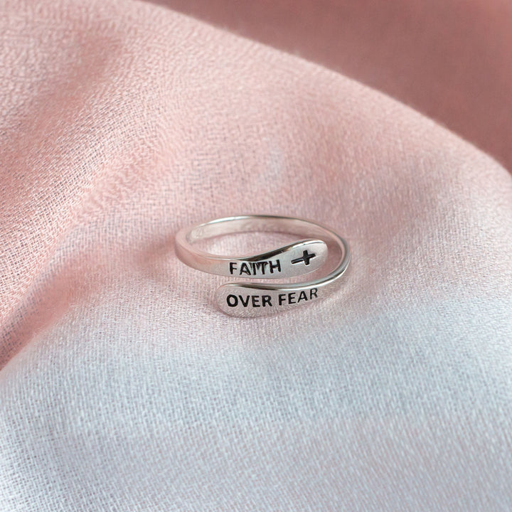 "Faith Over Fear" Bubble Design Sterling Silver Cross Ring