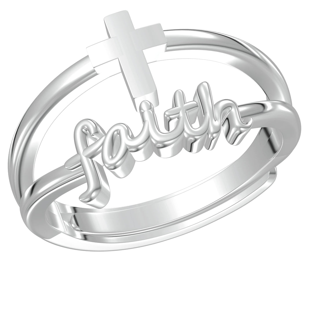 "FAITH" LAYERED STERLING SILVER CROSS RING