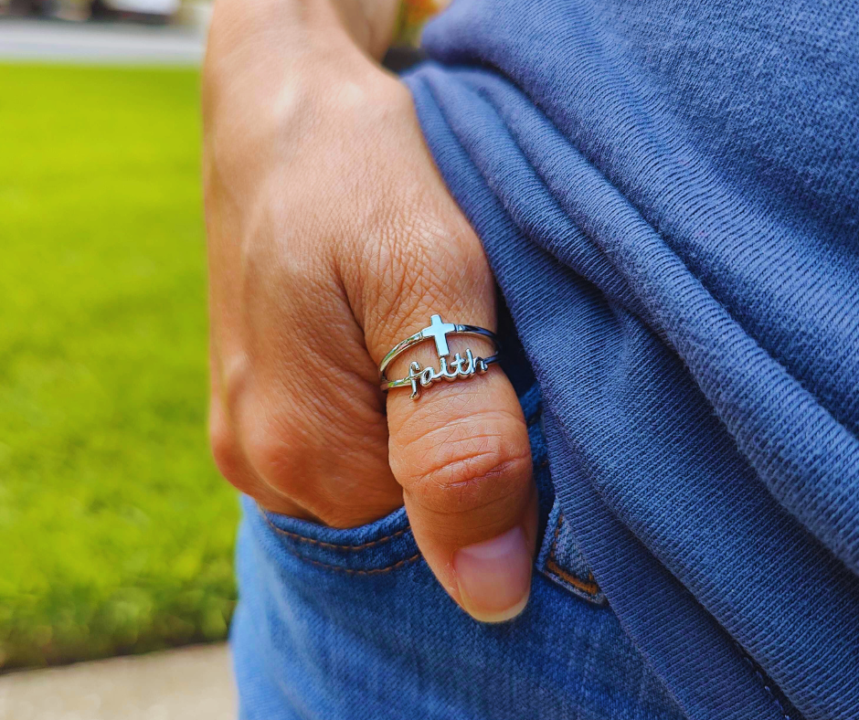 "FAITH" LAYERED STERLING SILVER CROSS RING