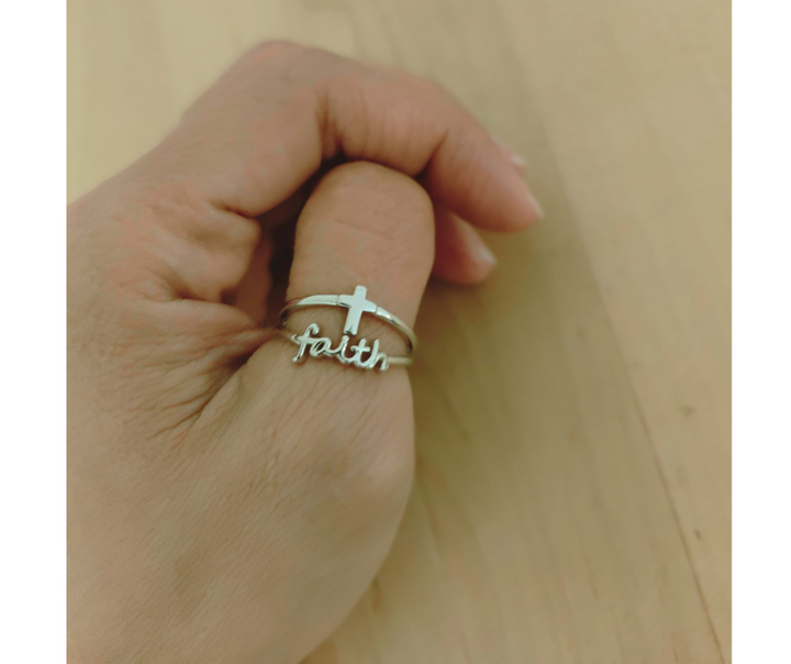 "FAITH" LAYERED STERLING SILVER CROSS RING