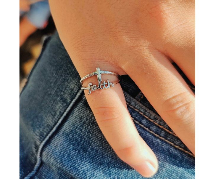 "FAITH" LAYERED STERLING SILVER CROSS RING