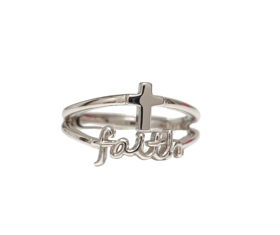 "FAITH" LAYERED STERLING SILVER CROSS RING