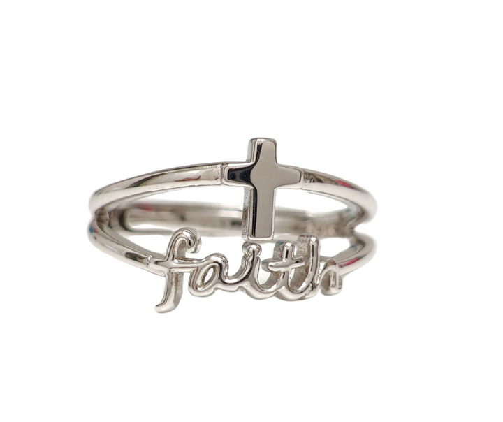 "FAITH" LAYERED STERLING SILVER CROSS RING