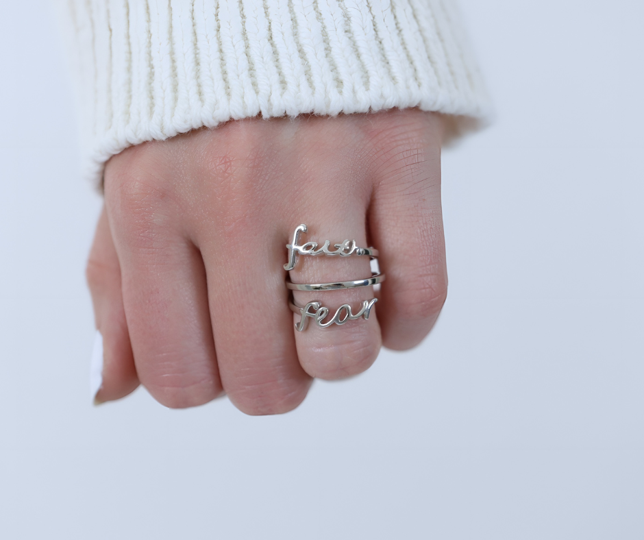 "Faith / Fear" Triple-Wrap Script Sterling Silver Cross Adjustable Ring