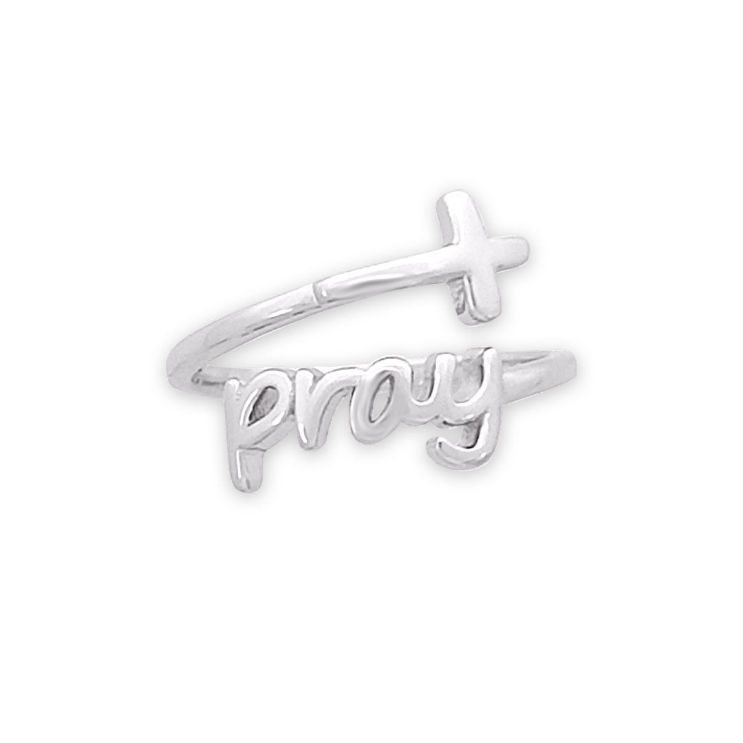 "PRAY" Script Sterling Silver Cross Adjustable Ring