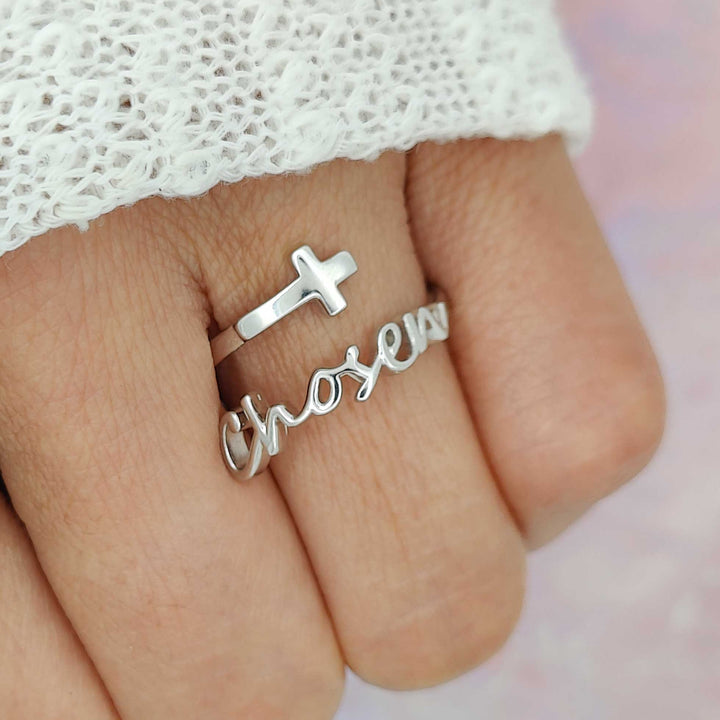 "Chosen" Script Sterling Silver Cross Adjustable Ring