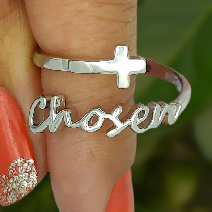 "Chosen" Script Sterling Silver Cross Adjustable Ring