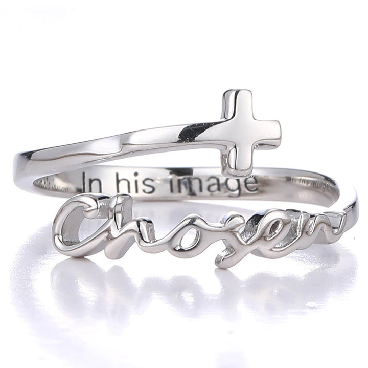 "Chosen" Script Sterling Silver Cross Adjustable Ring