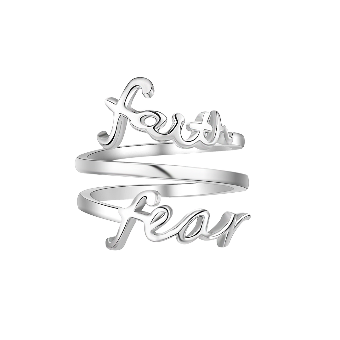 "Faith / Fear" Triple-Wrap Script Sterling Silver Cross Adjustable Ring