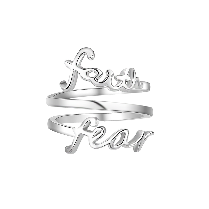 "Faith / Fear" Triple-Wrap Script Sterling Silver Cross Adjustable Ring