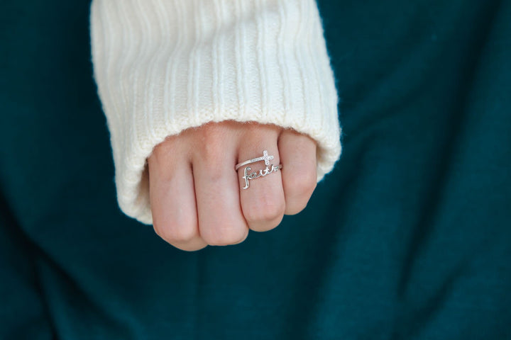 "FAITH" SCRIPT CRYSTAL STERLING SILVER RING