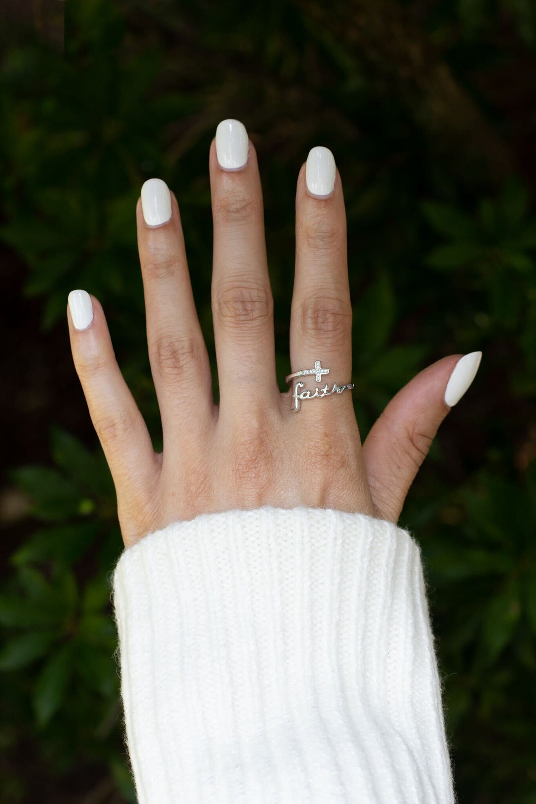 "FAITH" SCRIPT CRYSTAL STERLING SILVER RING