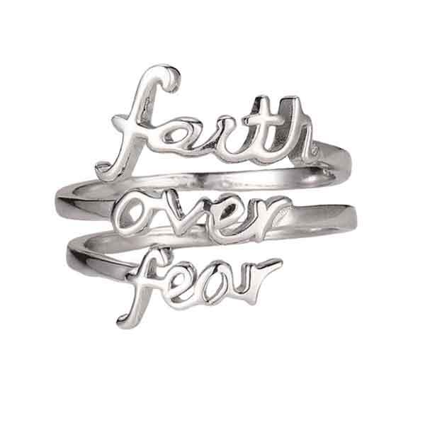 "Faith Over Fear" Triple-Wrap Script Sterling Silver Cross Adjustable Ring