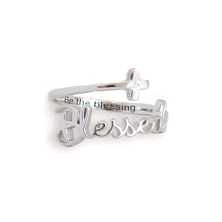 "Blessed" Script Sterling Silver Cross Adjustable Ring