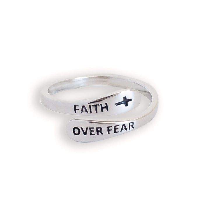 "Faith Over Fear" Bubble Design Sterling Silver Cross Ring