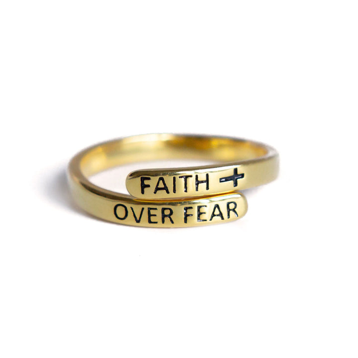 "FAITH OVER FEAR" Solid 18k Gold Cross Ring