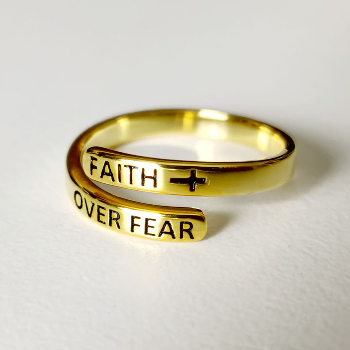 "FAITH OVER FEAR" Solid 18k Gold Cross Ring