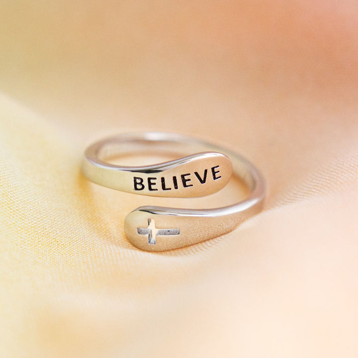 "BELIEVE" Sterling Silver Cross Ring