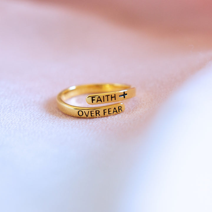 "FAITH OVER FEAR" 18k Gold Plated Sterling Silver Cross Ring