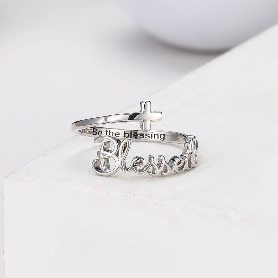 "Blessed" Script Sterling Silver Cross Adjustable Ring