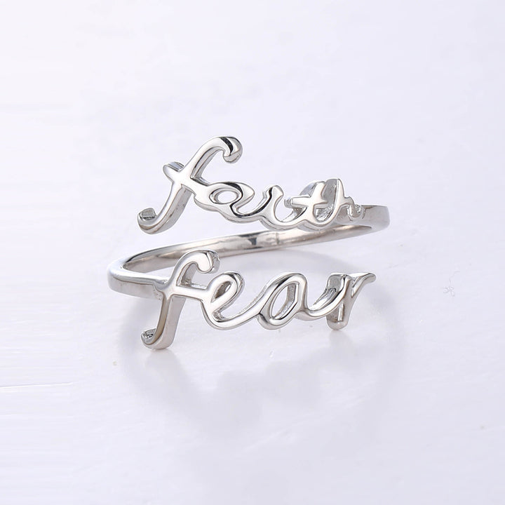 "Faith Over Fear" Script Sterling Silver Cross Adjustable Ring