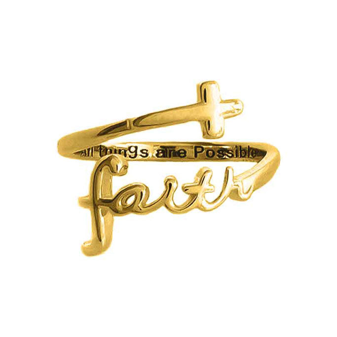 "FAITH" Script 18k Gold Plated Sterling Silver Cross Ring